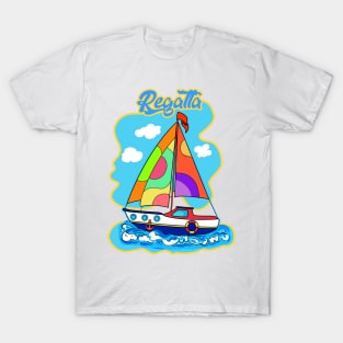 Summer boat kids are a great adventure for sailing with children. Travel in a boat with sails, Beautiful Sea, Sky, blue boat with sail illustration. T-Shirt